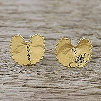 Gold plated natural leaf button earrings, Shining Pennywort