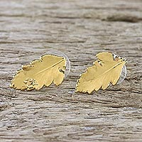 Gold plated natural leaf button earrings, 'Shining Fern' - Gold Plated Natural Davallia Leaf Earrings from Thailand