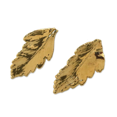 Gold Plated Natural Davallia Leaf Earrings from Thailand