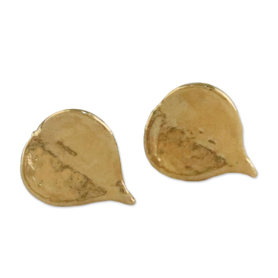 Gold plated natural leaf stud earrings, 'Heartfelt Nature' - Gold Plated Natural Million Hearts Leaf Stud Earrings