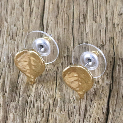 Gold plated natural leaf stud earrings, 'Heartfelt Nature' - Gold Plated Natural Million Hearts Leaf Stud Earrings