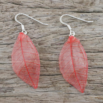 Natural leaf dangle earrings, 'Stunning Nature in Crimson' - Natural Leaf Dangle Earrings in Crimson from Thailand