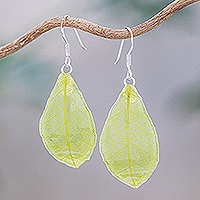 Natural leaf dangle earrings, 'Stunning Nature in Sap Green'
