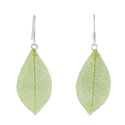 Natural leaf dangle earrings, 'Stunning Nature in Sap Green' - Natural Leaf Dangle Earrings in Sap Green from Thailand