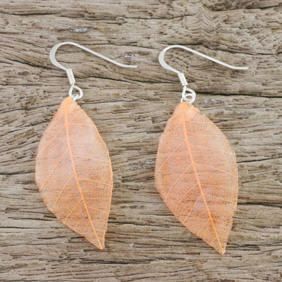 Natural leaf dangle earrings, 'Stunning Nature in Sunrise' - Natural Leaf Dangle Earrings in Sunrise from Thailand