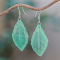 Pendientes colgantes de hojas naturales, 'Naturaleza impresionante en jade' - Pendientes colgantes de hojas naturales en jade de Tailandia