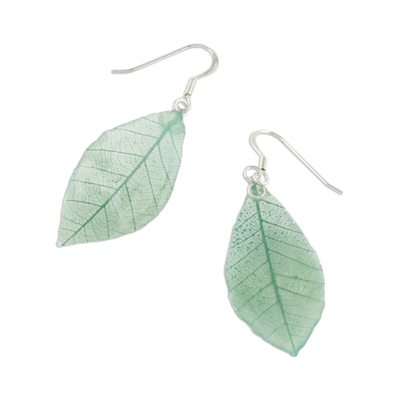 Natural leaf dangle earrings, 'Stunning Nature in Jade' - Natural Leaf Dangle Earrings in Jade from Thailand