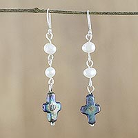 Cultured pearl dangle earrings, 'Divine Adoration' - Cultured Pearl Cross Dangle Earrings from Thailand