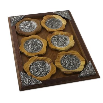 Aluminum and wood coaster and tray set, 'Natural Elephants' - Aluminum Elephant Coaster and Tray Set from Thailand