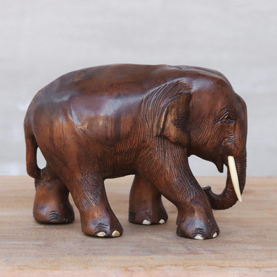 Teak wood elephant sculpture, 'Nature Trip' - Handmade Teak Wood Elephant Sculpture from Thailand