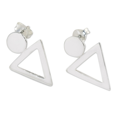 Sterling silver button earrings, 'Geometric Simplicity' - Handcrafted Sterling Silver Geometric Button Earrings