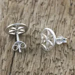 Sterling silver stud earrings, 'Flower Circles' - Handcrafted 925 Sterling Silver Floral Stud Earrings