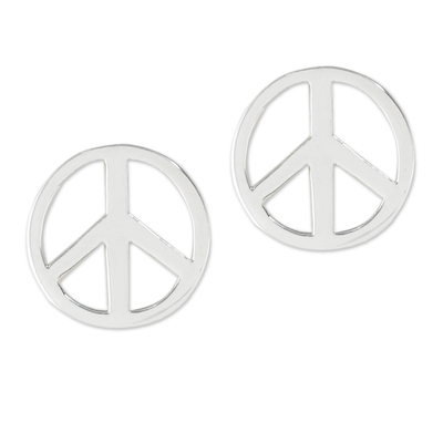 Sterling silver stud earrings, 'Sign of Peace' - Handcrafted Sterling Silver Stud Earrings with Peace Sign