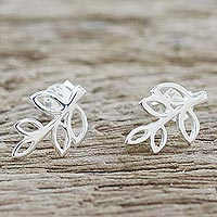 Sterling silver drop earrings, 'Leaves of Spring' - Handmade Sterling Silver Leaf Drop Earrings from Thailand