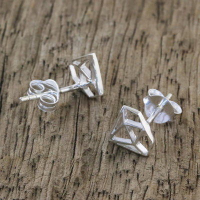Sterling silver stud earrings, 'Diamond Delight' - Handcrafted Sterling Silver Diamond Shape Stud Earrings