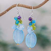 Pendientes colgantes de cuarzo - Aretes colgantes de piedras preciosas múltiples de cuarzo azul de Tailandia