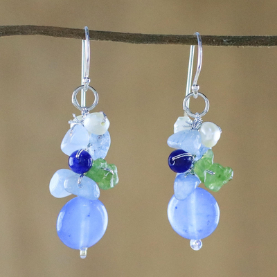 Quartz dangle earrings, 'Soda Bubbles' - Blue Quartz Multi-Gemstone Dangle Earrings from Thailand