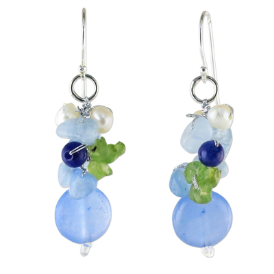 Quartz dangle earrings, 'Soda Bubbles' - Blue Quartz Multi-Gemstone Dangle Earrings from Thailand