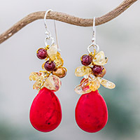 Multi-Gemstone Red Calcite Dangle Earrings from Thailand,'Camellia Drops'
