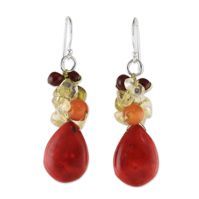 Multi-gemstone dangle earrings, 'Camellia Drops' - Multi-Gemstone Red Calcite Dangle Earrings from Thailand