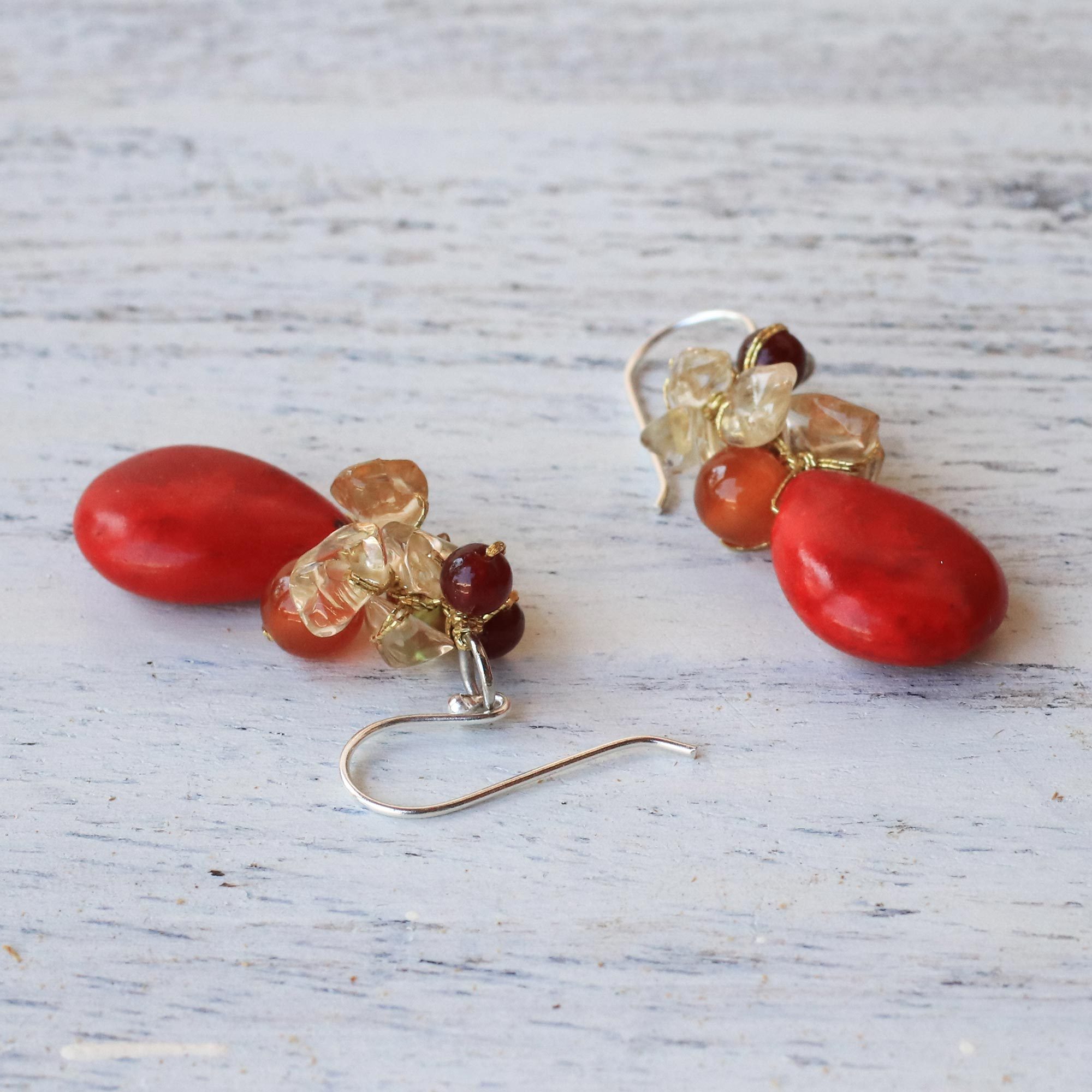 MultiGemstone Red Calcite Dangle Earrings from Thailand Camellia