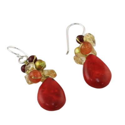 Multi-gemstone dangle earrings, 'Camellia Drops' - Multi-Gemstone Red Calcite Dangle Earrings from Thailand