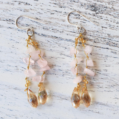 Rose quartz dangle earrings, 'Crystalline Drops' - Rose Quartz and Glass Bead Dangle Earrings from Thailand