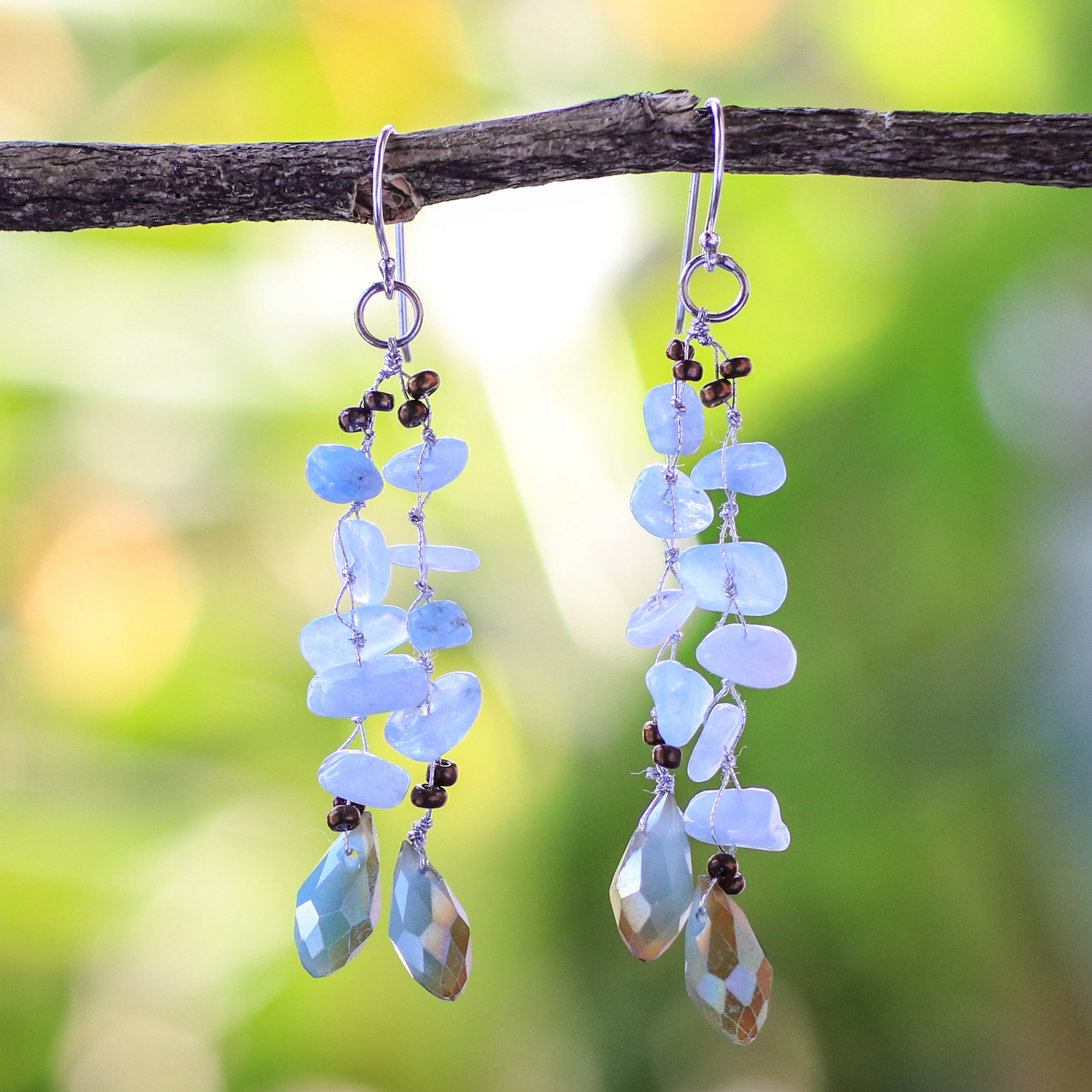 Blue Crystal and Glass Bead Dangly Drop Earrings