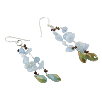 Quartz dangle earrings, 'Crystalline Drops in Blue' - Blue Quartz and Glass Bead Dangle Earrings from Thailand