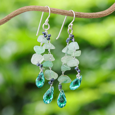 Quartz dangle earrings, 'Crystalline Drops in Green' - Green Quartz and Glass Bead Dangle Earrings from Thailand