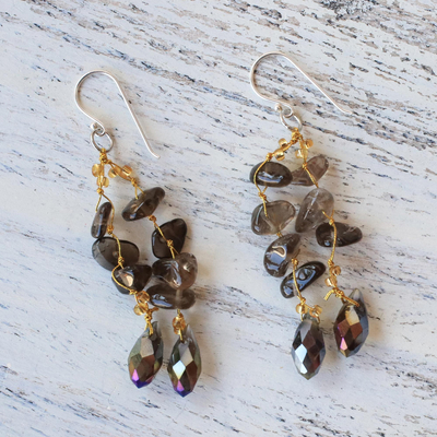 Smoky quartz dangle earrings, 'Crystalline Drops' - Smoky Quartz and Glass Bead Dangle Earrings from Thailand
