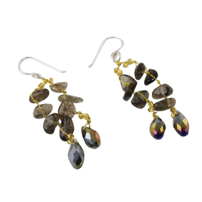 Smoky quartz dangle earrings, 'Crystalline Drops' - Smoky Quartz and Glass Bead Dangle Earrings from Thailand
