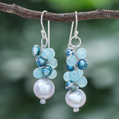 Cultured pearl and quartz dangle earrings, 'Happy Bunch' - Cultured Pearl and Quartz Dangle Earrings from Thailand