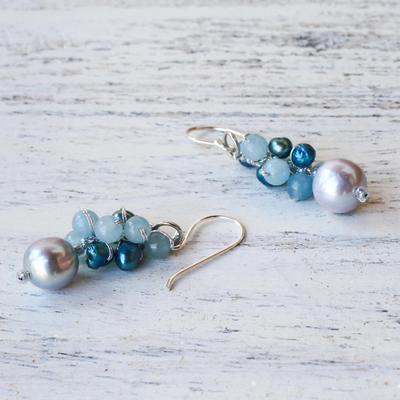 Cultured pearl and quartz dangle earrings, 'Happy Bunch' - Cultured Pearl and Quartz Dangle Earrings from Thailand