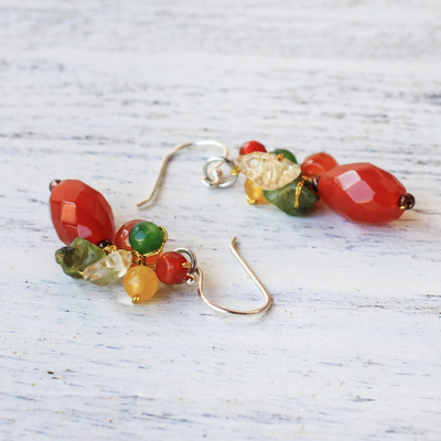 Carnelian dangle earrings, 'Wistful Memory' - Carnelian Multi-Gemstone Dangle Earrings from Thailand