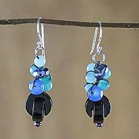 Onyx dangle earrings, 'Tidal Wave in Blue' - Onyx Multi-Gemstone Dangle Earrings from Thailand