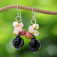 Onyx dangle earrings, 'Tidal Wave in Pink' - Onyx Multi-Gemstone Dangle Earrings from Thailand