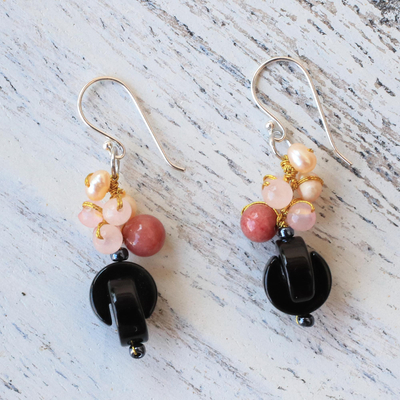 Onyx dangle earrings, 'Tidal Wave in Pink' - Onyx Multi-Gemstone Dangle Earrings from Thailand