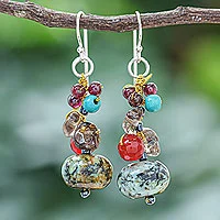 Pendientes colgantes con múltiples piedras preciosas - Aretes colgantes Jasper con múltiples piedras preciosas de Tailandia