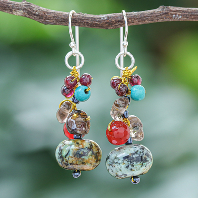 Multi-gemstone dangle earrings, 'Exotic Cluster' - Jasper Multi-Gemstone Dangle Earrings from Thailand