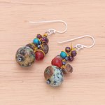 Multi-gemstone dangle earrings, 'Exotic Cluster' - Jasper Multi-Gemstone Dangle Earrings from Thailand