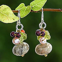 Jasper and cultured pearl dangle earrings, 'Exotic Cluster'