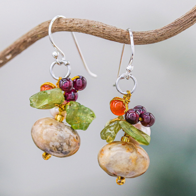 Jasper and cultured pearl dangle earrings, 'Exotic Cluster' - Thai Jasper and Cultured Pearl Dangle Earrings