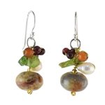 Jasper and cultured pearl dangle earrings, 'Exotic Cluster' - Thai Jasper and Cultured Pearl Dangle Earrings