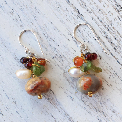Jasper and cultured pearl dangle earrings, 'Exotic Cluster' - Thai Jasper and Cultured Pearl Dangle Earrings