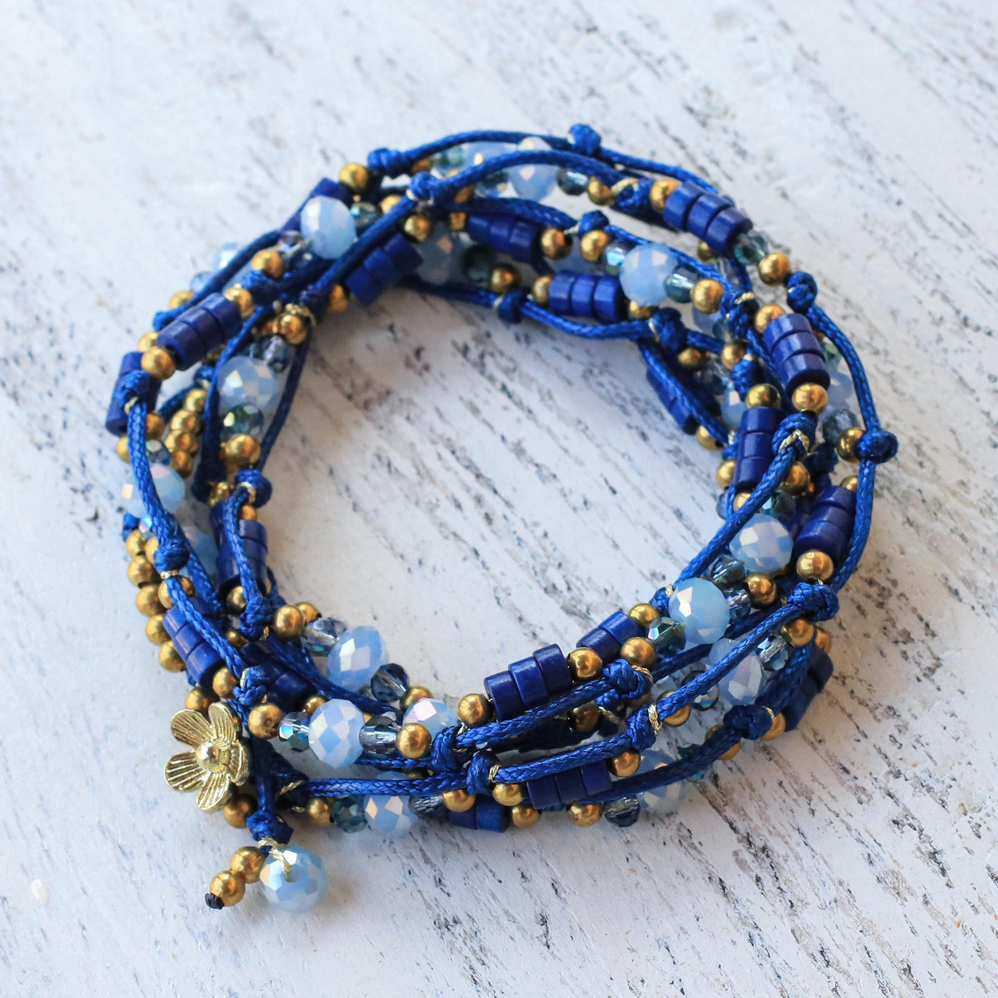 Blue Memory Wire Bracelet, Petite Wrapped Charm Bracelet, Brown