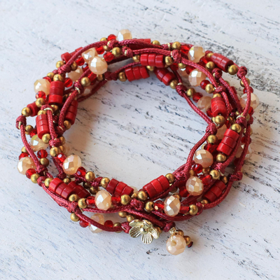 Calcite wrap bracelet, 'Passionate Party' - Calcite and Glass Beaded Wrap Bracelet in Red from Thailand