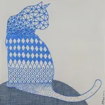 'Turn Around' - Signed Op Art Painting of a Cat in Blue from Thailand