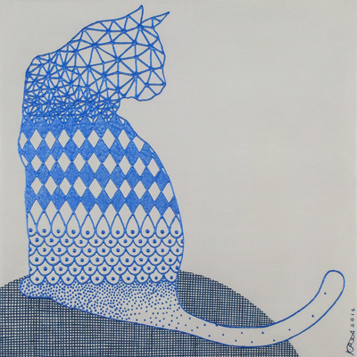 Signed Op Art Painting of a Cat in Blue from Thailand