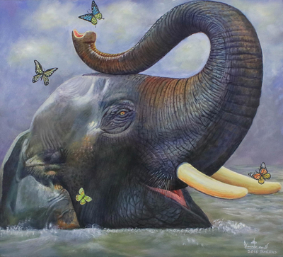 „Playing in the Water“ (2016) – Signiertes realistisches Gemälde eines Elefanten mit Schmetterlingen